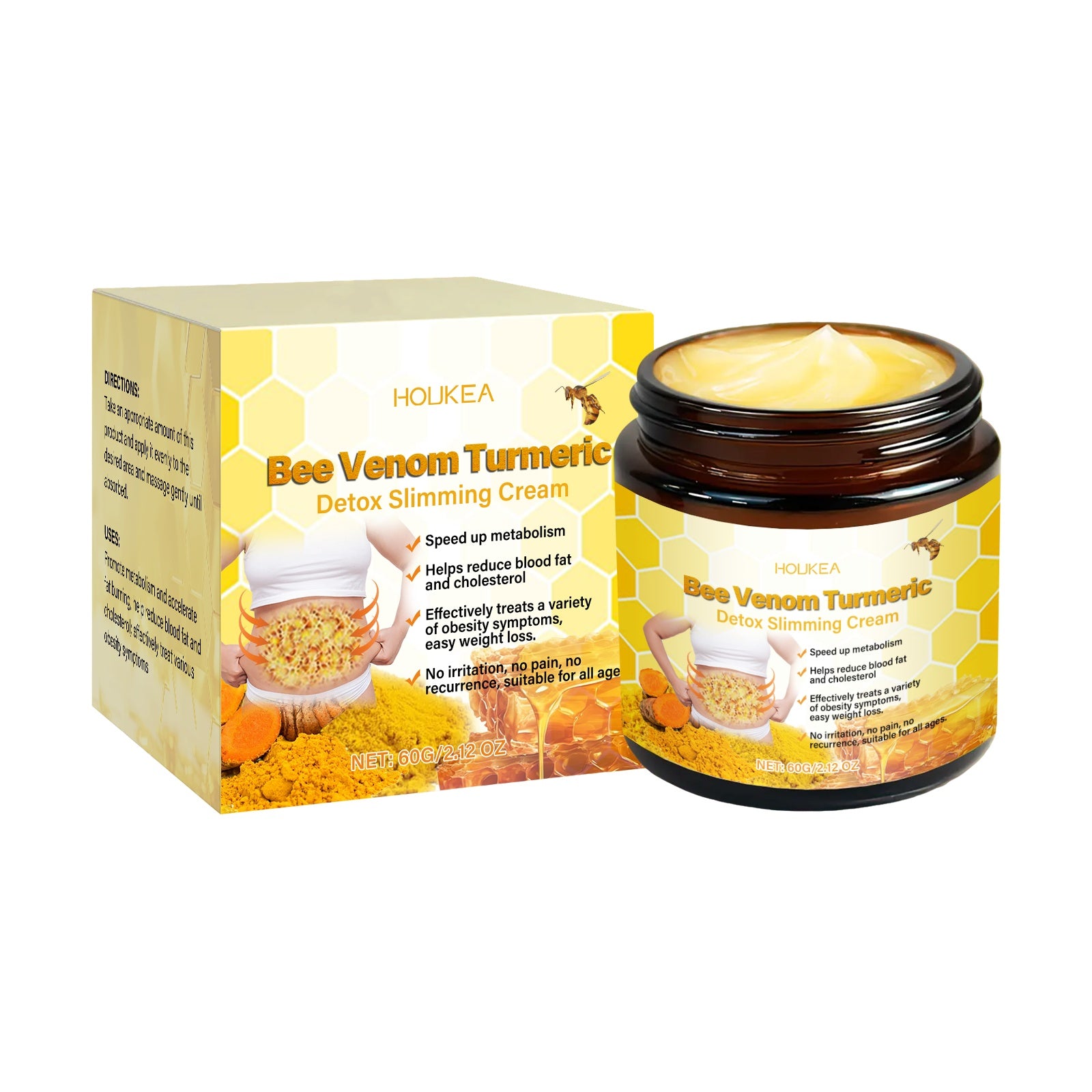 Crème amincissante au curcuma pour modeler le corps, contenant des ingrédients naturels pour tonifier la peau.