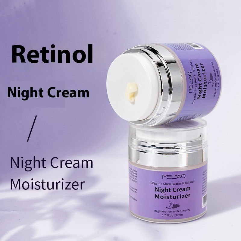 Crème de nuit réparatrice à base de rétinol VE pour le soin de la peau, texture riche et hydratante.