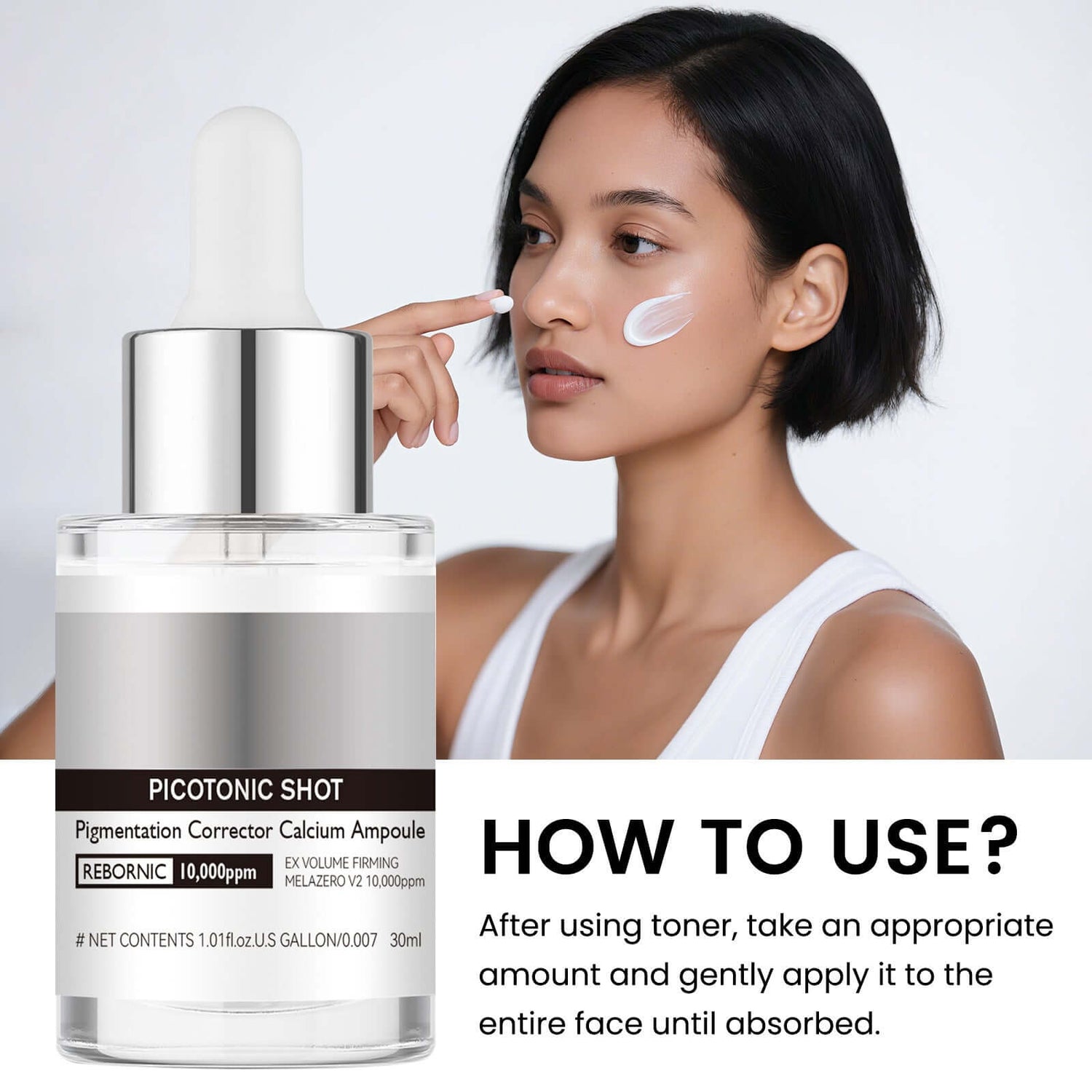 Solution de soin facial Care Suit pour éclaircissement de la peau, flacon blanc avec pompe, visible sur l&