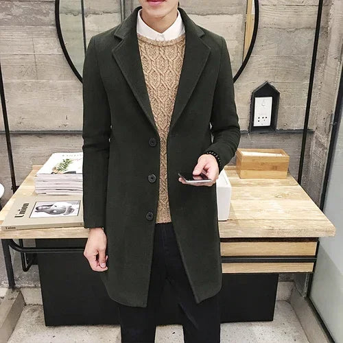 Men's coat, medium long windbreaker, winter slim fit woolen coat, teenage student thick woolen coat