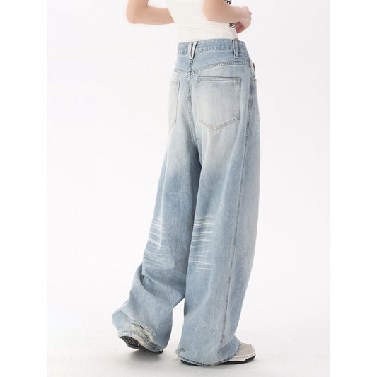 Washed Denim Pants Women Loose High Waist Bleached Straight Leg Wide Leg Floor Length Pants