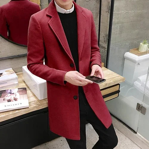 Men's coat, medium long windbreaker, winter slim fit woolen coat, teenage student thick woolen coat