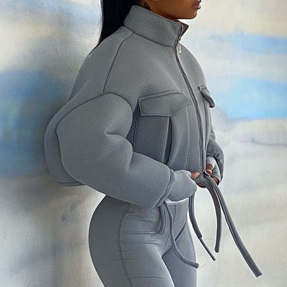 Autumn Women's New Sexy Open Navel Stand Collar Loose Short Jacket Coat