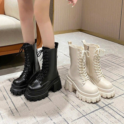 9CM Chunky Platform Ankle Boots Women 2025 New Autumn Winter Motorcycle Boots Woman Thick Bottom Non Slip Leather Combat Boots - 𝐃𝐔𝐕𝐋𝐀𝐒𝐇𝐎𝐏