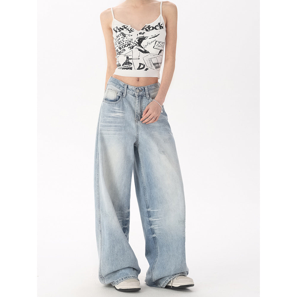 Washed Denim Pants Women Loose High Waist Bleached Straight Leg Wide Leg Floor Length Pants