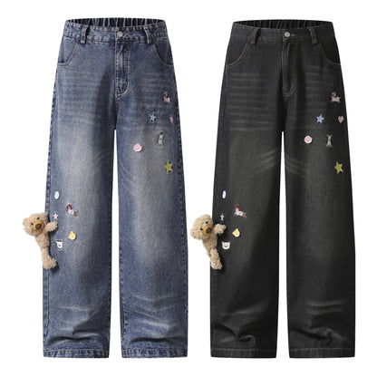 Cartoon Bear Decorative Design Denim Pants Unisex Loose Couple Casual Straight Leg Long Pants