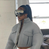 Autumn Women's New Sexy Open Navel Stand Collar Loose Short Jacket Coat