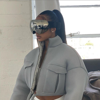 Autumn Women's New Sexy Open Navel Stand Collar Loose Short Jacket Coat