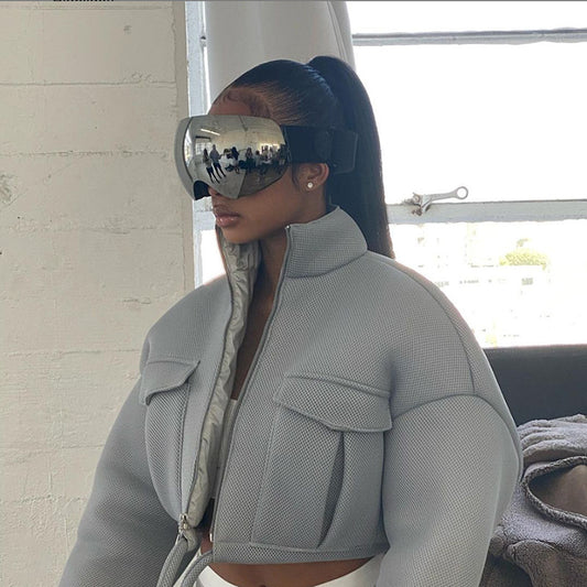 Autumn Women's New Sexy Open Navel Stand Collar Loose Short Jacket Coat