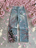 Vintage Cherry Blossom Black Knight Embroidery Jeans Y2K Retro Baggy Straight Denim Blue Wash Casual Pants for Men