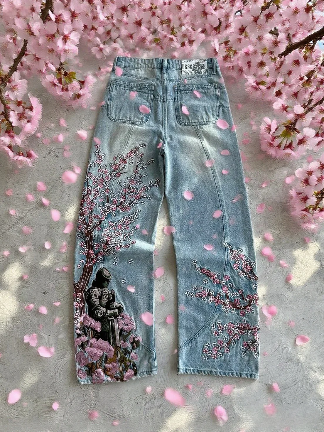 Vintage Cherry Blossom Black Knight Embroidery Jeans Y2K Retro Baggy Straight Denim Blue Wash Casual Pants for Men