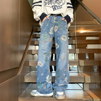 American street printed jeans for men, autumn fashion brand Vibe style, loose and versatile design, floor length wide leg pants - 𝐝𝐮𝐯𝐥𝐚𝐬𝐡𝐨𝐩.𝐜𝐨𝐦