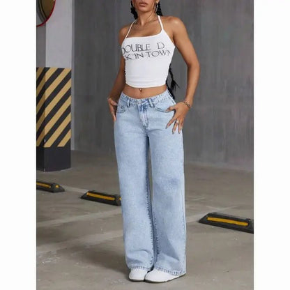 American Women's Blue Washed High - Waisted Straight - Leg Jeans Loose Fashion Front & Back Pockets Jeans Suitable Daily Casual Wear - 𝐝𝐮𝐯𝐥𝐚𝐬𝐡𝐨𝐩.𝐜𝐨𝐦