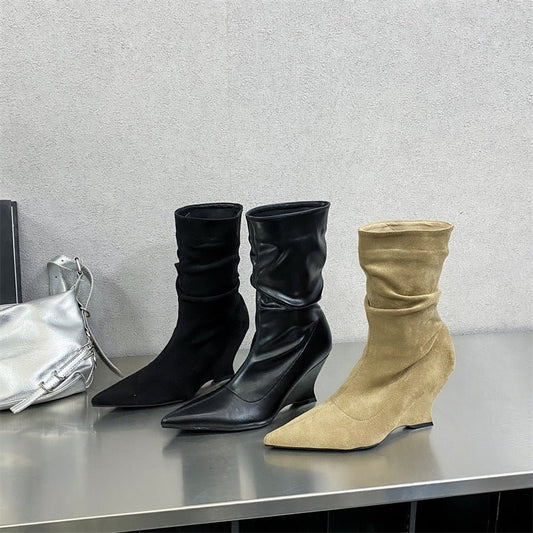Autumn and Winter New Fashionable French Pointed Slope Heel Stacked Women's Boots Soft Leather High Heels Comfortable Short Boots - 𝐝𝐮𝐯𝐥𝐚𝐬𝐡𝐨𝐩.𝐜𝐨𝐦