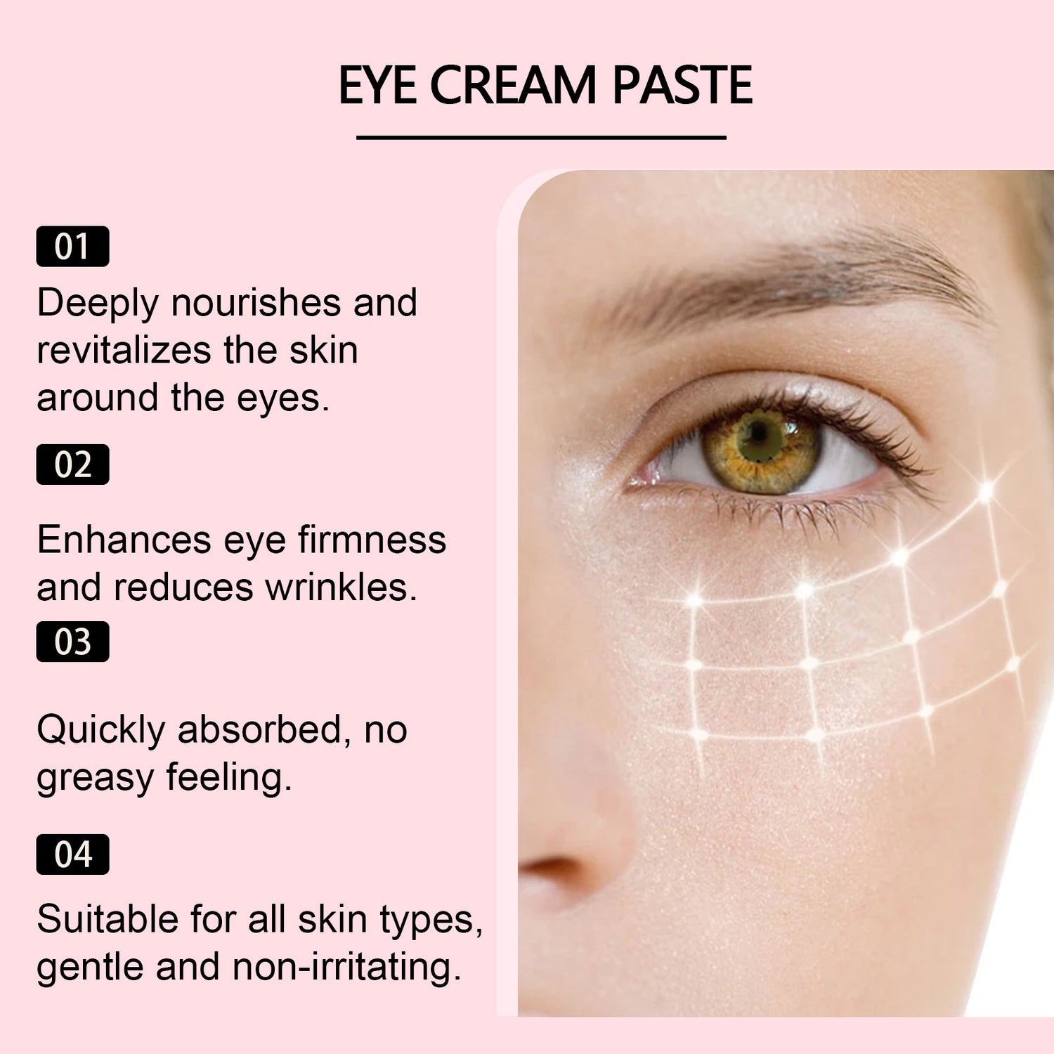Crème hydratante pour les yeux et le cou, texture légère, dans un pot blanc avec étiquette simple et flacon applicateur.