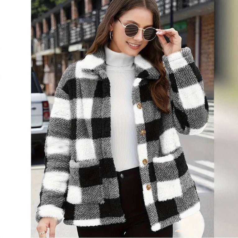 Chic Women's Plaid Fleece Coat with Patch Pockets, Long Sleeve, Casual Winter Fashion Outerwear - 𝐝𝐮𝐯𝐥𝐚𝐬𝐡𝐨𝐩.𝐜𝐨𝐦