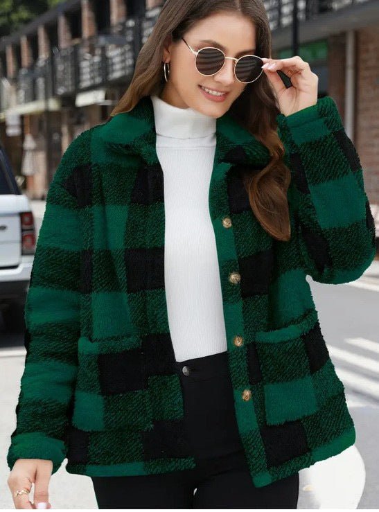 Chic Women's Plaid Fleece Coat with Patch Pockets, Long Sleeve, Casual Winter Fashion Outerwear - 𝐝𝐮𝐯𝐥𝐚𝐬𝐡𝐨𝐩.𝐜𝐨𝐦