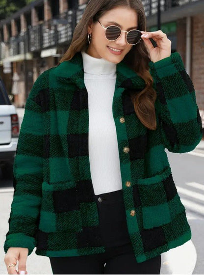 Chic Women's Plaid Fleece Coat with Patch Pockets, Long Sleeve, Casual Winter Fashion Outerwear - 𝐝𝐮𝐯𝐥𝐚𝐬𝐡𝐨𝐩.𝐜𝐨𝐦