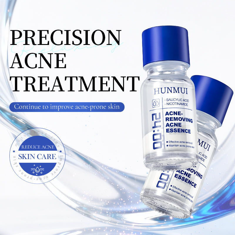 Flacon de 10ml de SY1WM0009-HUNMUI, traitement anti-acné clair, visible avec étiquette et bouchon blanc.