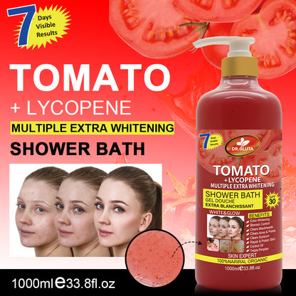 Gel douche exfoliant à la tomate, soin blanchissant et anti-âge pour la peau, pour une toilette rafraîchissante et revitalisante.
