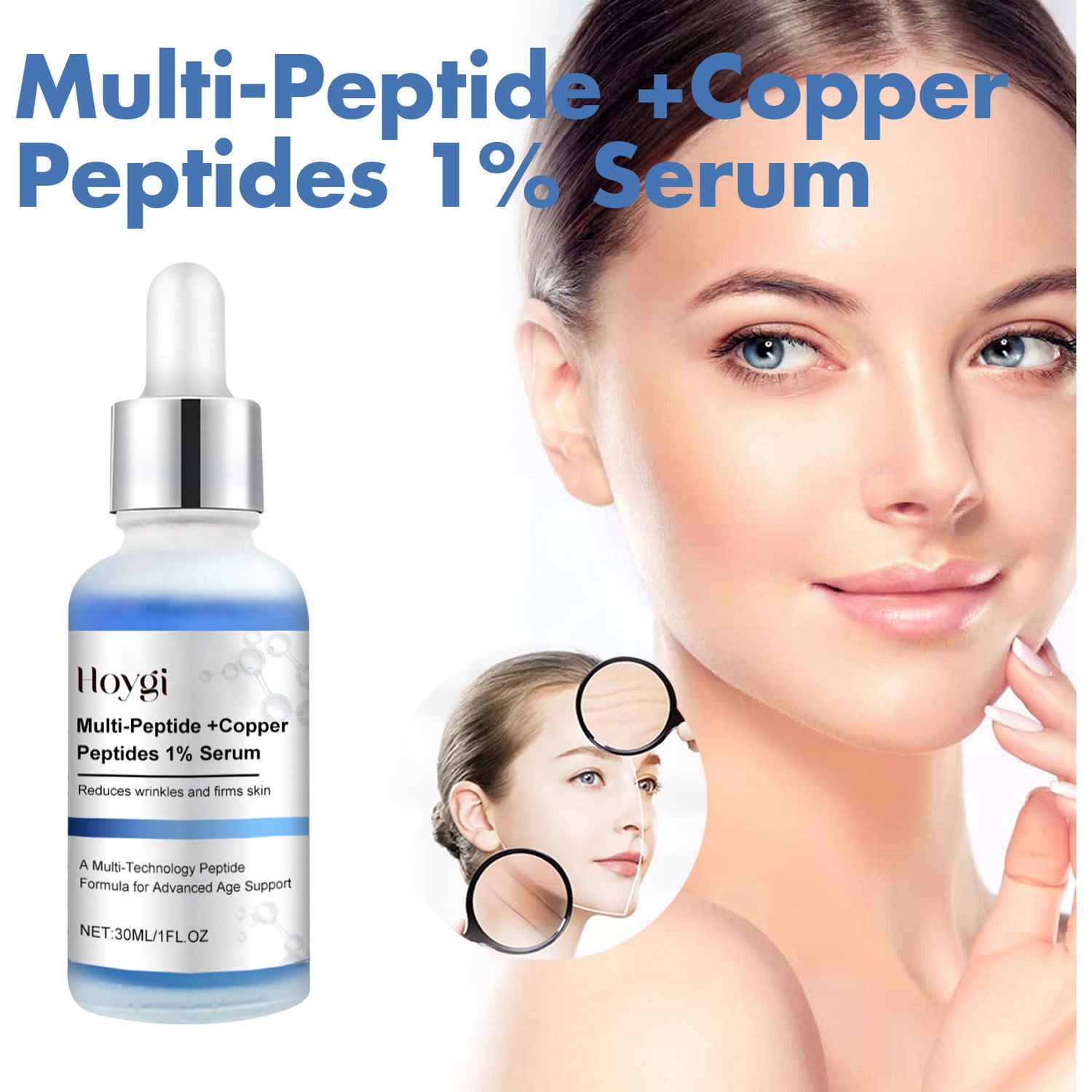 Sérum facial anti-âge raffermissant et anti-élasticité de la peau, flacon avec pipette conçu pour améliorer la fermeté du visage.