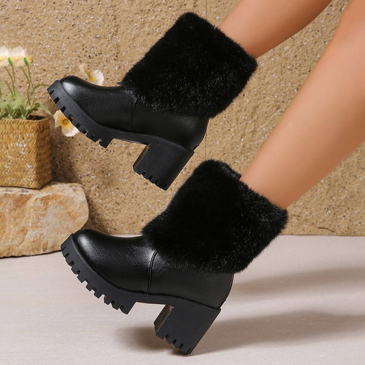 Fashion Winter Snow Boots Women's High Heel Short Boots with Thick Fleece Lining Warm Cotton Boots with Thick Chunky Heel Slip - Resistant Women's Boots - 𝐝𝐮𝐯𝐥𝐚𝐬𝐡𝐨𝐩.𝐜𝐨𝐦