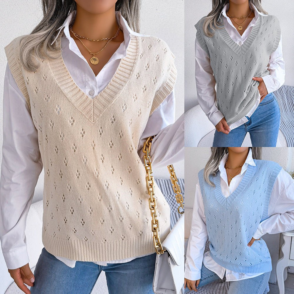 Ins Style Live Shot Autumn And Winter Casual Hollow V - Neck Knitted Vest Sweater - 𝐝𝐮𝐯𝐥𝐚𝐬𝐡𝐨𝐩.𝐜𝐨𝐦
