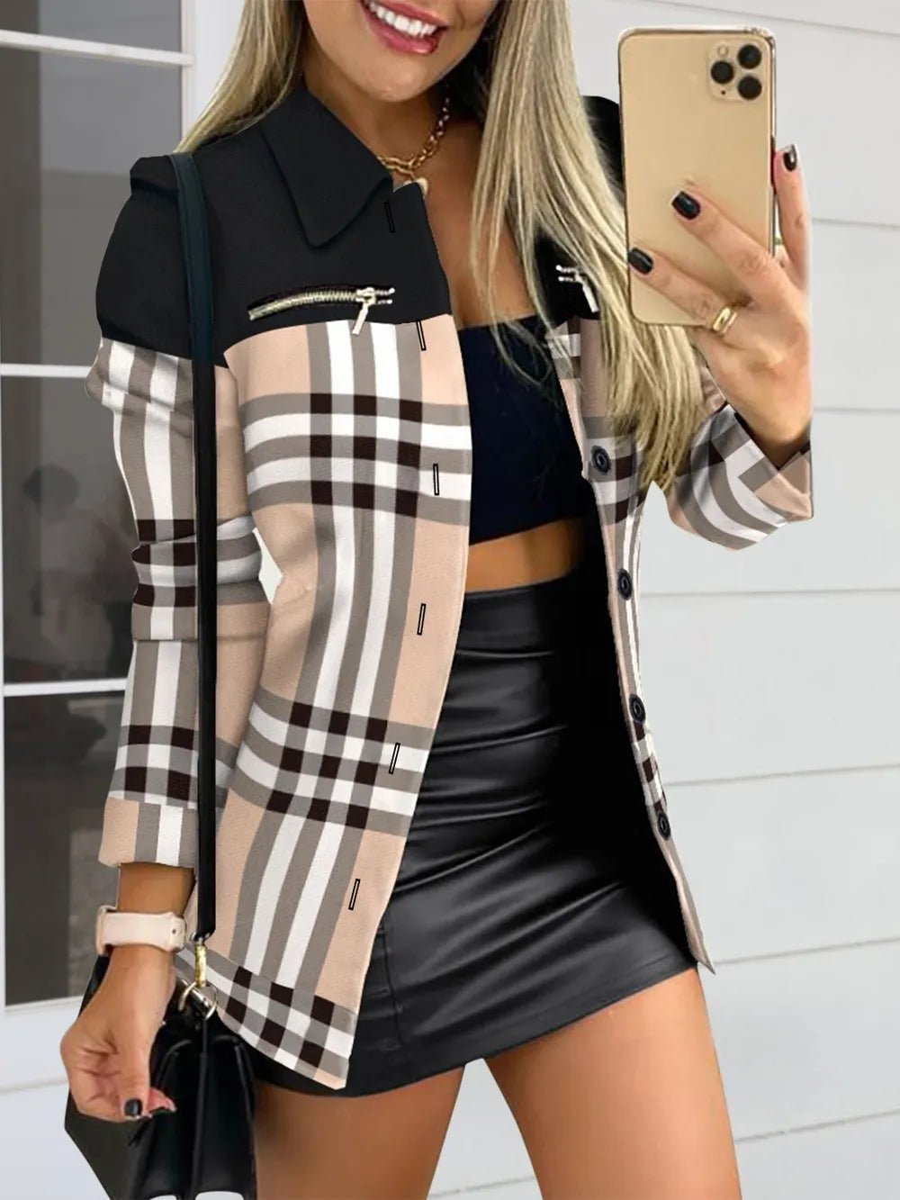 Long sleeved button color blocked printed lapel commuter suit for women - 𝐃𝐔𝐕𝐋𝐀𝐒𝐇𝐎𝐏