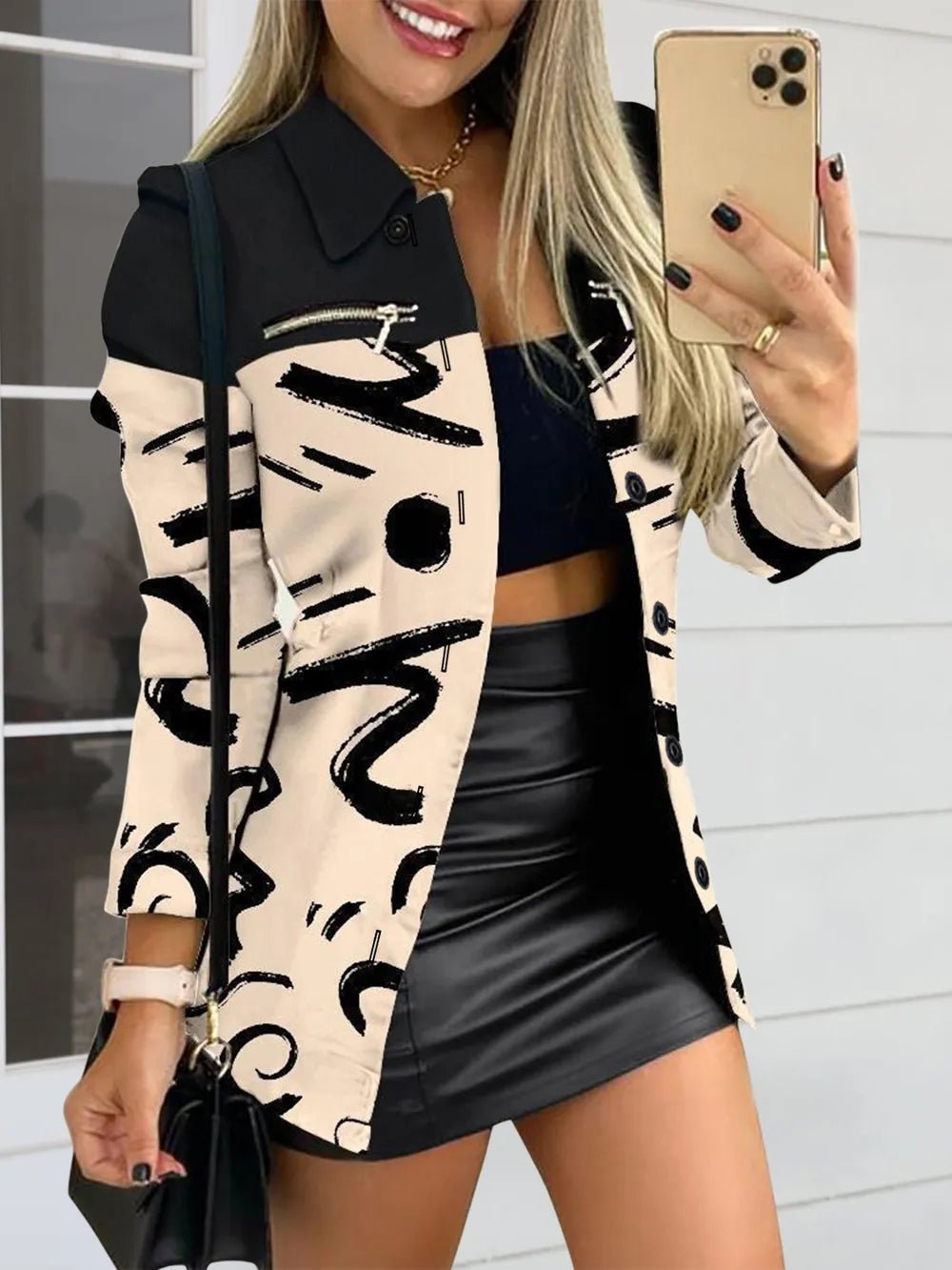 Long sleeved button color blocked printed lapel commuter suit for women - 𝐃𝐔𝐕𝐋𝐀𝐒𝐇𝐎𝐏