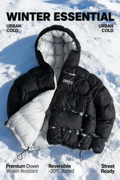 Men Puffer Jacket Reversible Down Coat Black Hooded Winter Thick Warm Waterproof Windproof Outdoor Casual Oversize Parkas Y2K - 𝐃𝐔𝐕𝐋𝐀𝐒𝐇𝐎𝐏