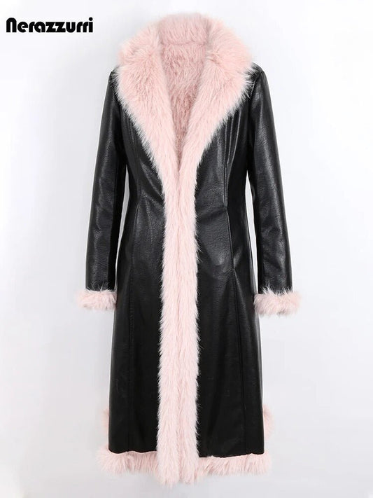 Nerazzurri Winter Long Black Fitted Thick Warm Pu Leather Coat Women with Pink Hairy Shaggy Fluffy Faux Fur Inside Runway Parka - 𝐃𝐔𝐕𝐋𝐀𝐒𝐇𝐎𝐏