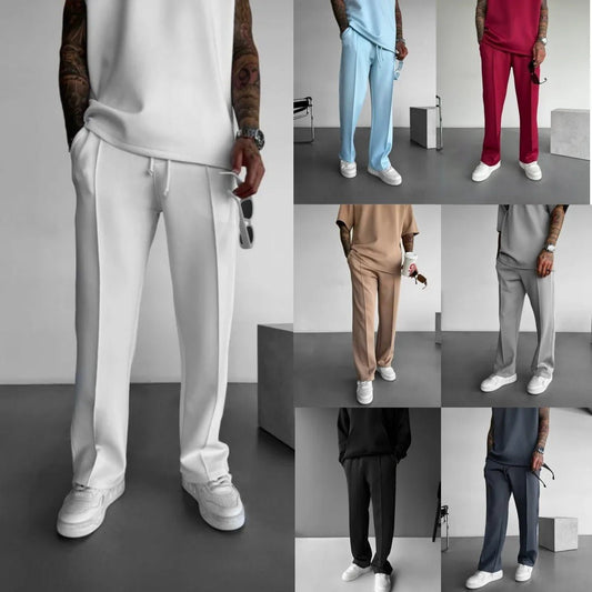 New men's casual pants, stylish and comfortable elastic waist drawstring single - line pleated solid color pocket mops pants - 𝐃𝐔𝐕𝐋𝐀𝐒𝐇𝐎𝐏