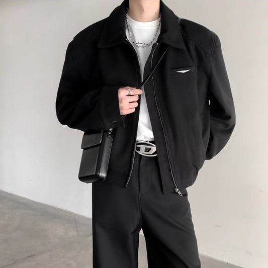 Retro niche metal padded shoulder silhouette zipper woolen coat - 𝐝𝐮𝐯𝐥𝐚𝐬𝐡𝐨𝐩.𝐜𝐨𝐦