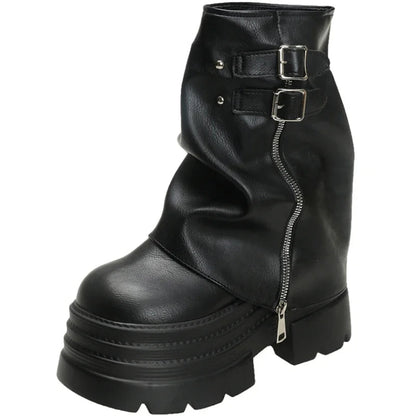 Shoes for Women New Mid - Calf Boots 10CM High Platform Modern Boots Belt Buckle Punk Shoes Female Zip Leather Motorcycle Boots - 𝐃𝐔𝐕𝐋𝐀𝐒𝐇𝐎𝐏