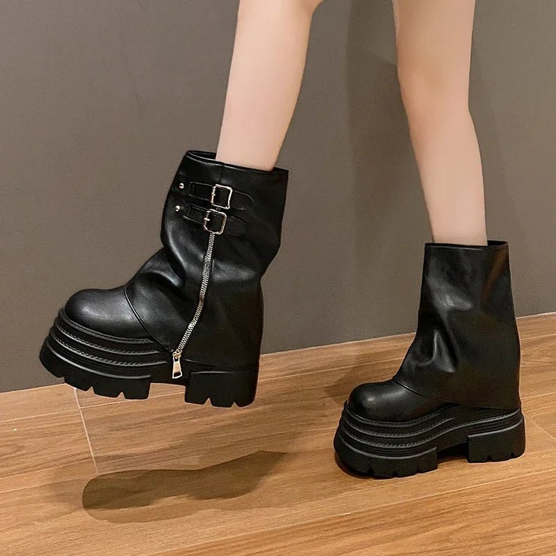 Shoes for Women New Mid - Calf Boots 10CM High Platform Modern Boots Belt Buckle Punk Shoes Female Zip Leather Motorcycle Boots - 𝐃𝐔𝐕𝐋𝐀𝐒𝐇𝐎𝐏
