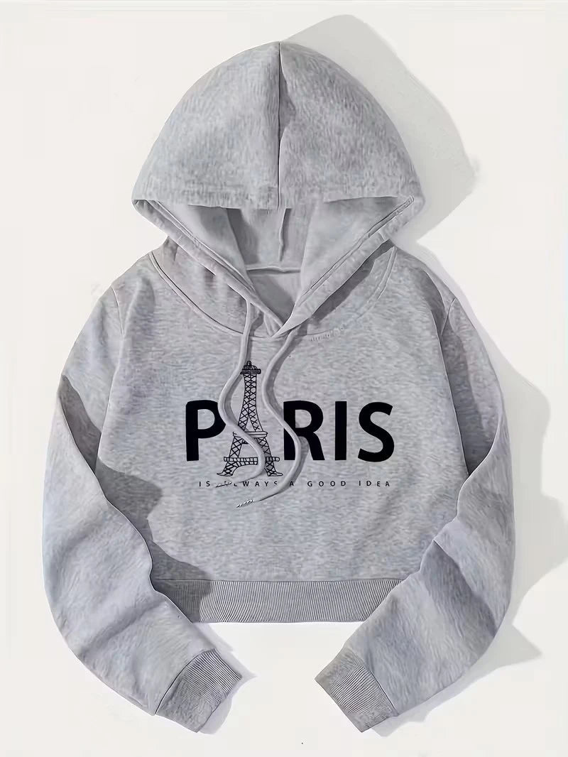 Street Style Paris Eiffel Tower Autumn Winter Cropped Sweatshirt Crop Top Hoodie Y2k Sweatshirts Fashion Casual Style Clothes - 𝐃𝐔𝐕𝐋𝐀𝐒𝐇𝐎𝐏