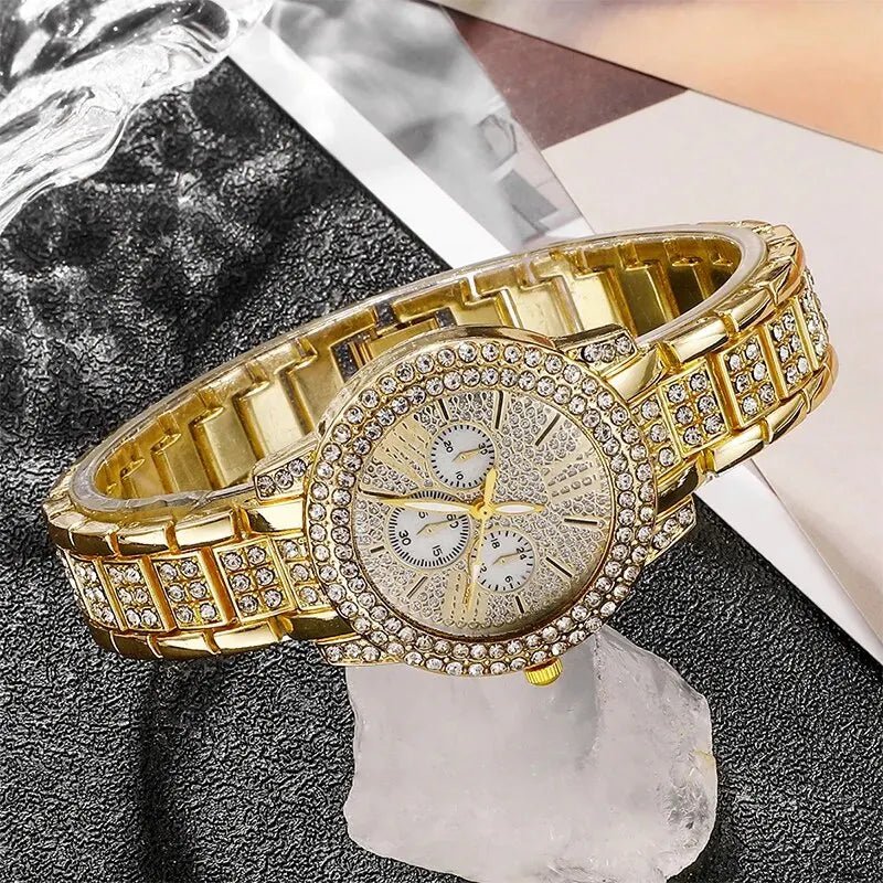 Women's Quartz Watch Gold Luxury Women Ring Necklace Earring Rhinestone Fashion Wristwatch Casual Ladies Watches Jewelry Set - 𝐝𝐮𝐯𝐥𝐚𝐬𝐡𝐨𝐩.𝐜𝐨𝐦