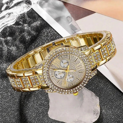 Women's Quartz Watch Gold Luxury Women Ring Necklace Earring Rhinestone Fashion Wristwatch Casual Ladies Watches Jewelry Set - 𝐝𝐮𝐯𝐥𝐚𝐬𝐡𝐨𝐩.𝐜𝐨𝐦