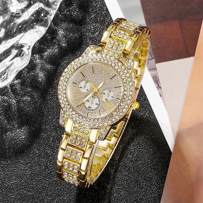 Women's Quartz Watch Gold Luxury Women Ring Necklace Earring Rhinestone Fashion Wristwatch Casual Ladies Watches Jewelry Set - 𝐝𝐮𝐯𝐥𝐚𝐬𝐡𝐨𝐩.𝐜𝐨𝐦