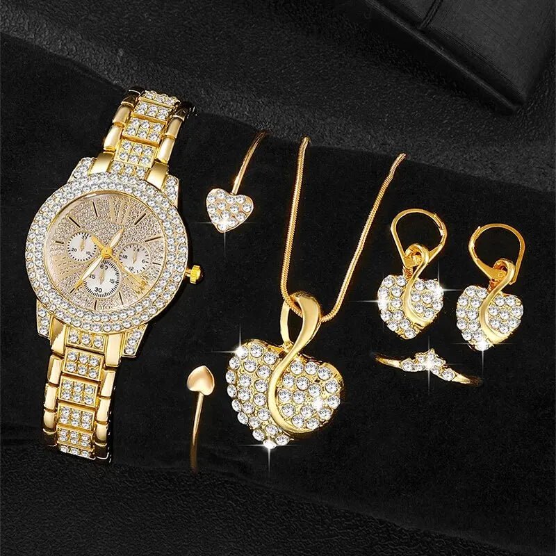 Women's Quartz Watch Gold Luxury Women Ring Necklace Earring Rhinestone Fashion Wristwatch Casual Ladies Watches Jewelry Set - 𝐝𝐮𝐯𝐥𝐚𝐬𝐡𝐨𝐩.𝐜𝐨𝐦